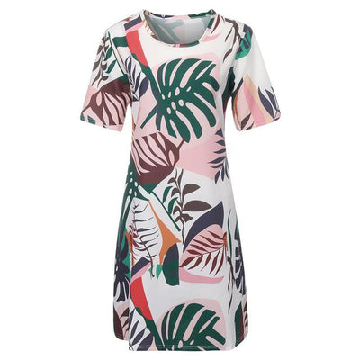 Summer Dress Fashion Women Sexy Leaves Print Short Sleeve O-Neck Loose Dresses Plus Size Dress Party Dress Sukienki Vestidos