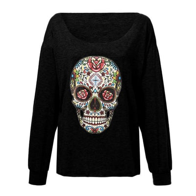 Women Tee Shirts Fashion Long Sleeve T shirt Women Tops Off Shoulder Skull head Print T Shirt T-shirt Tops Tee Shirt Mujer