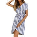 Women Dress Sexy Stripe Button Short Sleeve Casual Party Dress Beach Bodycon Summer Dress With Belt Robe Femme Elbise Vestidos