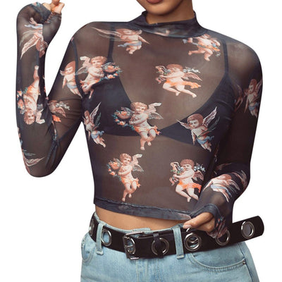 Feitong Fashion Women T Shirt Turtleneck Long Sleeve Small Angle Print Short Navel T-shirt Woman Tee Tops Casual Female T-shirts