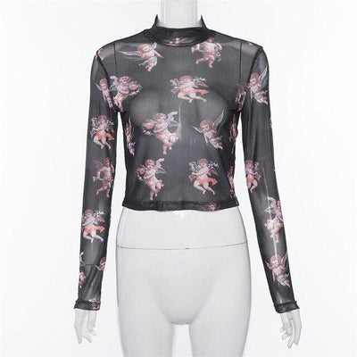 Feitong Fashion Women T Shirt Turtleneck Long Sleeve Small Angle Print Short Navel T-shirt Woman Tee Tops Casual Female T-shirts