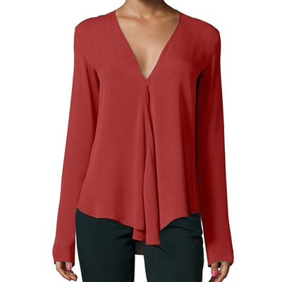 Feitong Women Chiffon Blouses Ladies Irregular V Neck Long Sleeve Spring Summer Shirt Casual Tops Blusas Femininas Plus Size