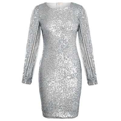 Women's Autumn Spring Dresses Robe Sexy Slim Dress Solid Sequined Stitching Shining Club Sheath Long Sleeve Elegant Mini Dress